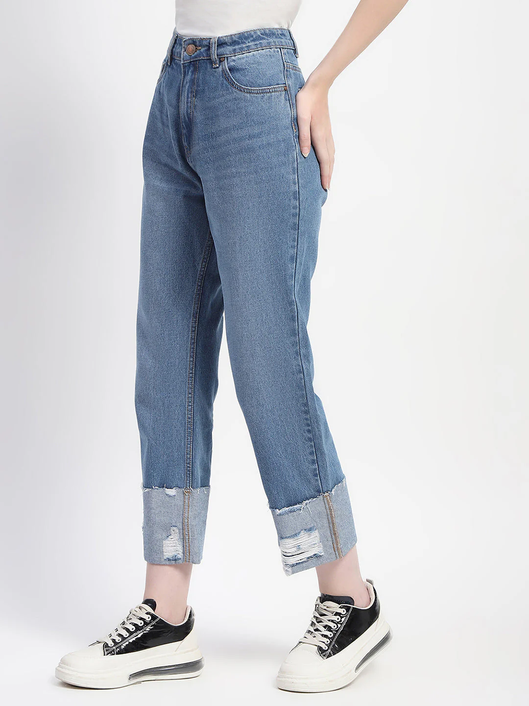 Madame Whiskered Folded Hem Ripped Denim - Image 4