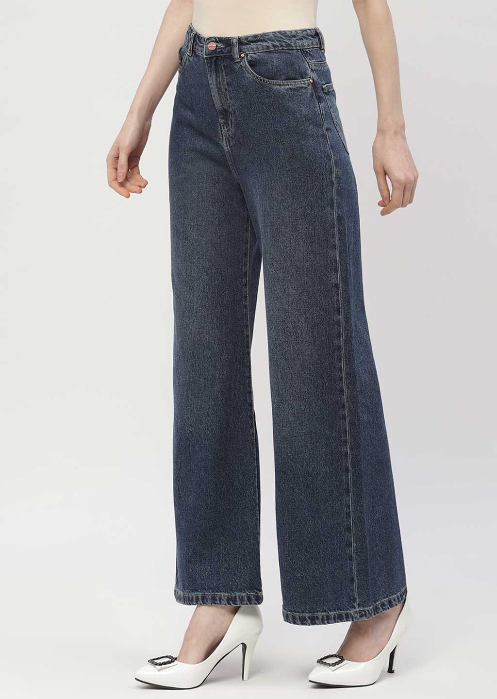 Madame Light Washed Dark Blue Wide Leg Jeans - Image 4