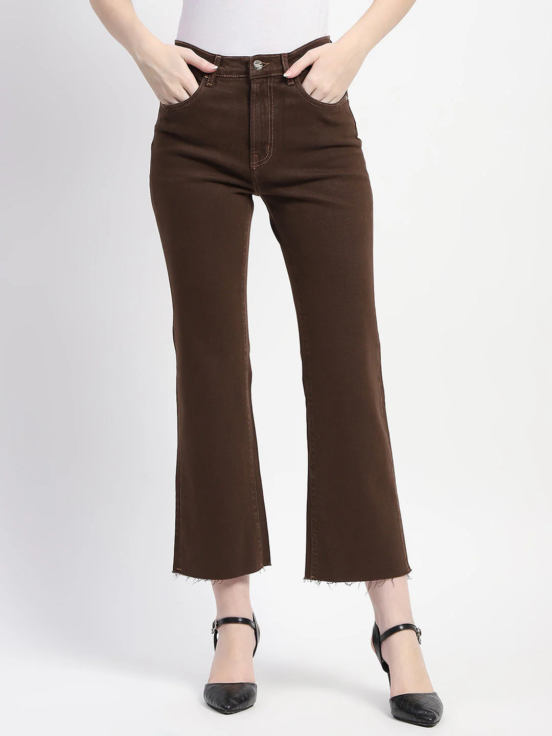 Madame Brown Distressed Hem Flared Denim - Image 2