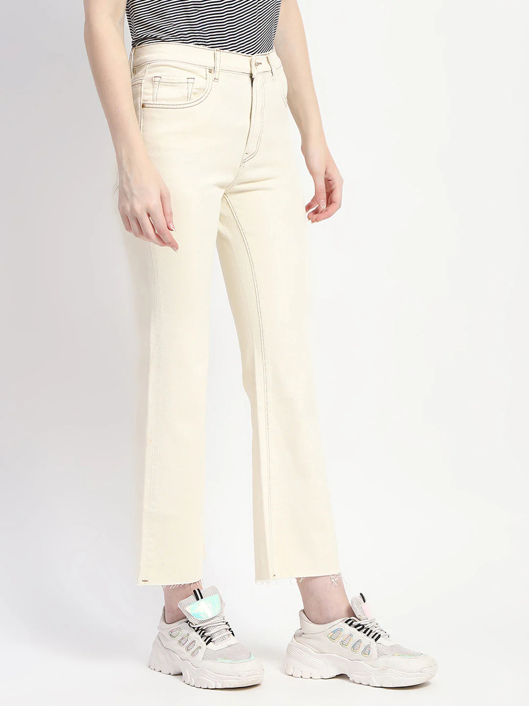 Madame Off-White Distressed Hem Flared Denim - Image 3