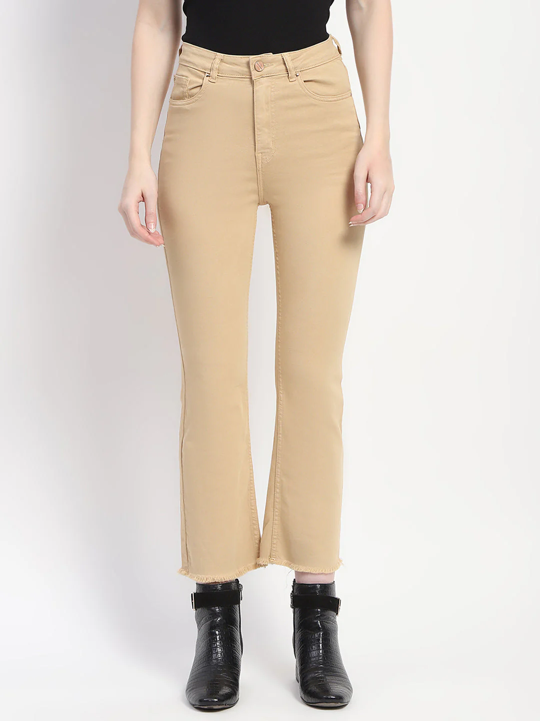 Madame Frayed Hem Flared Beige Denim - Image 2
