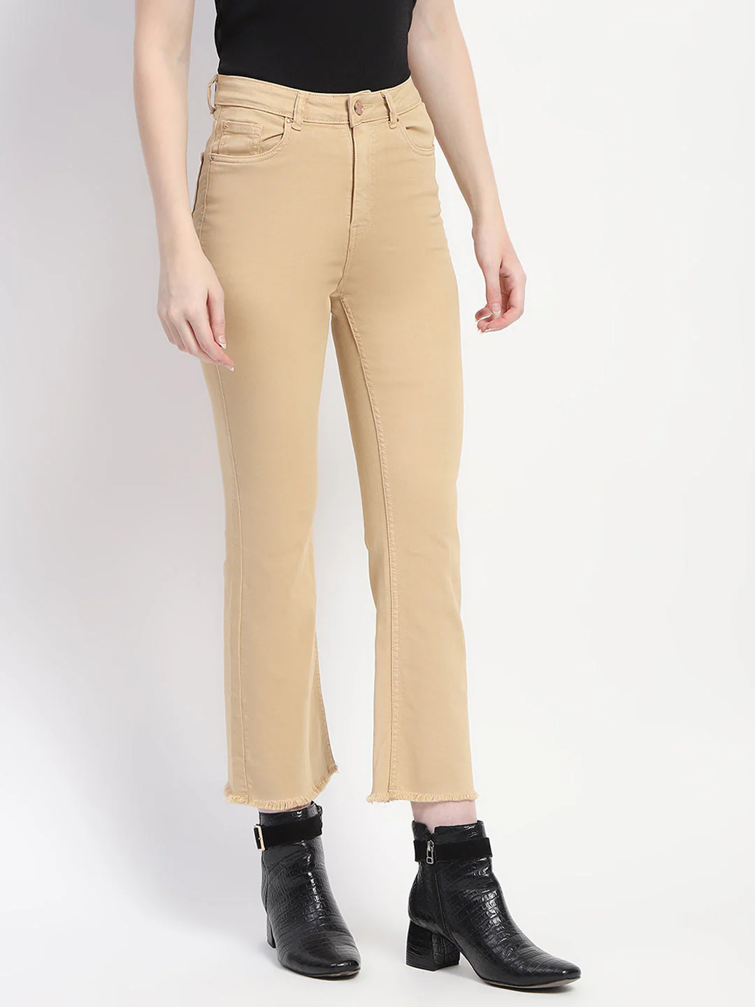 Madame Frayed Hem Flared Beige Denim - Image 3