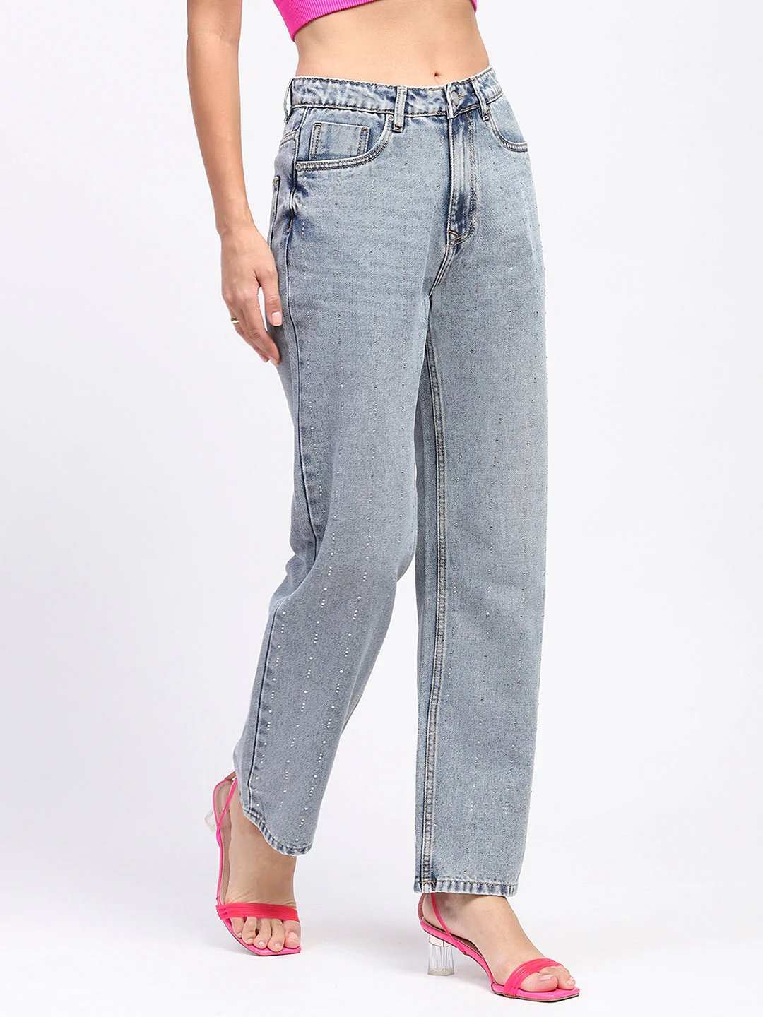 Madame Light Wash Embellished Light Blue Cotton Denim - Image 3