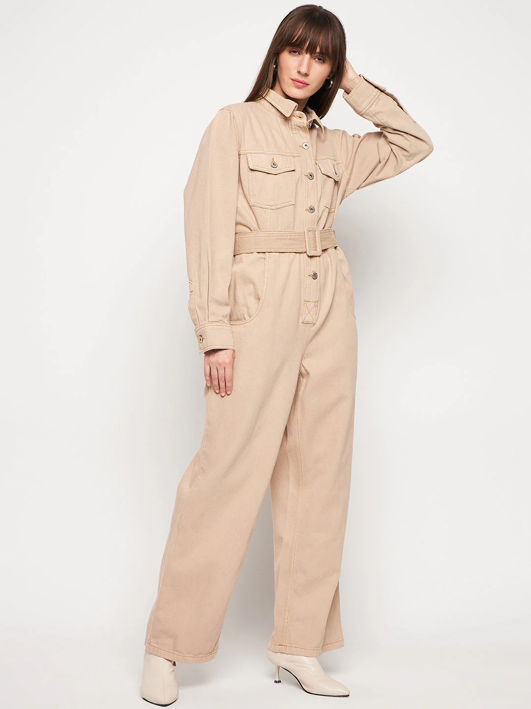Madame Beige Belted Cargo Jumpsuit - Image 4