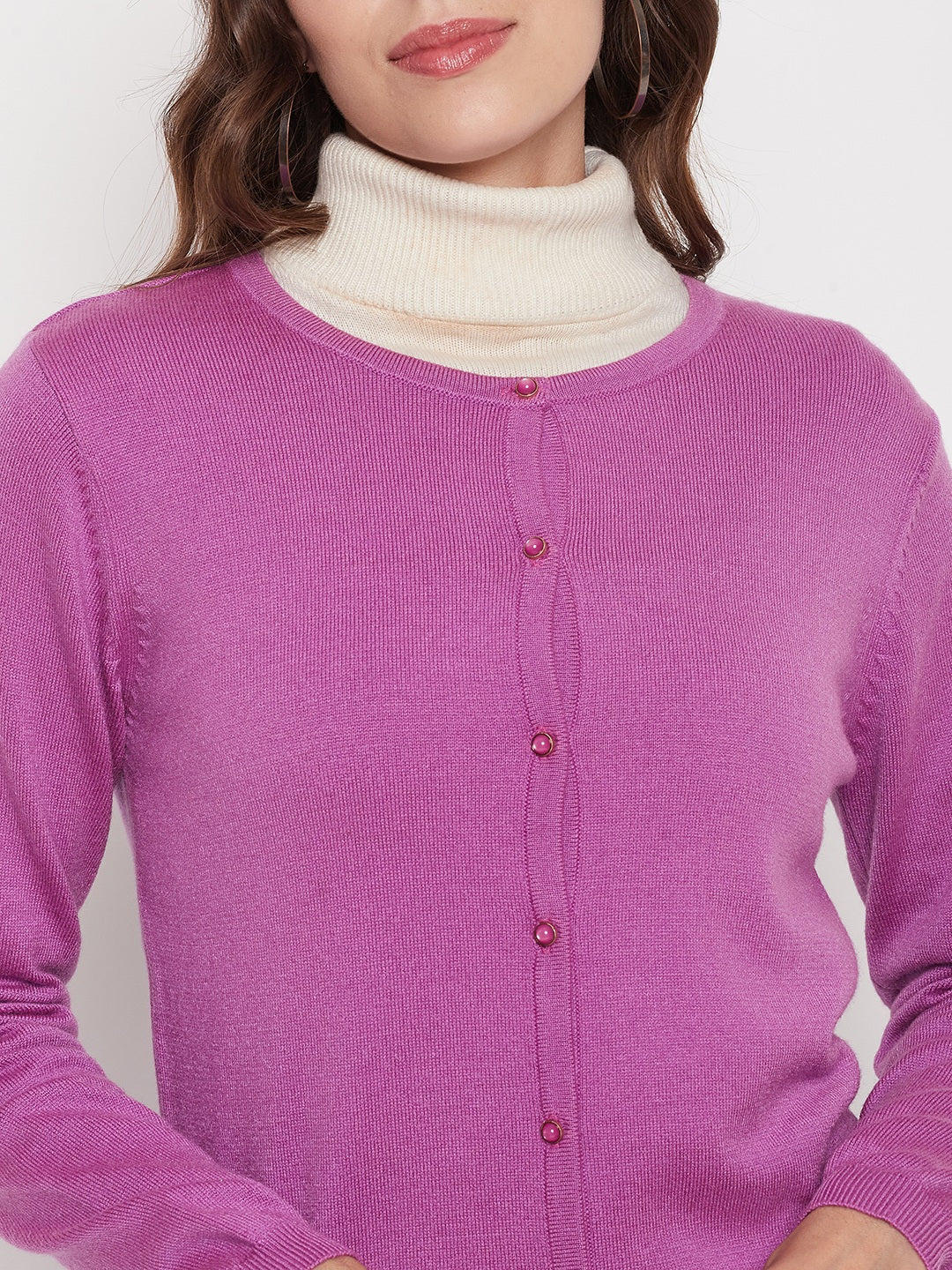 Madame Women Solid Mauve Cardigans - Image 3