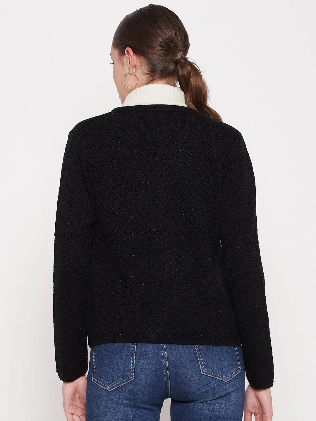 Madame Women Solid Black Cardigans - Image 3