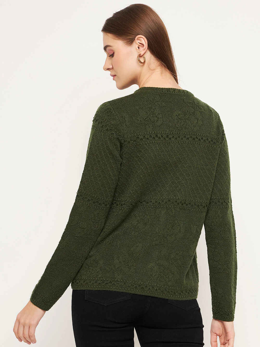 Madame Women Self Design Olive Cardigans - Image 3