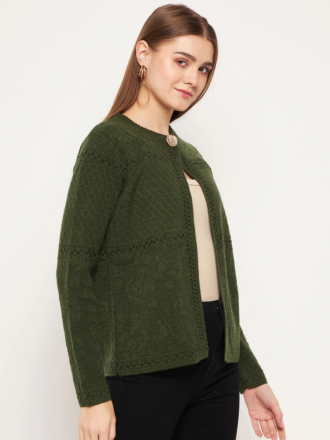 Madame Women Self Design Olive Cardigans - Image 4