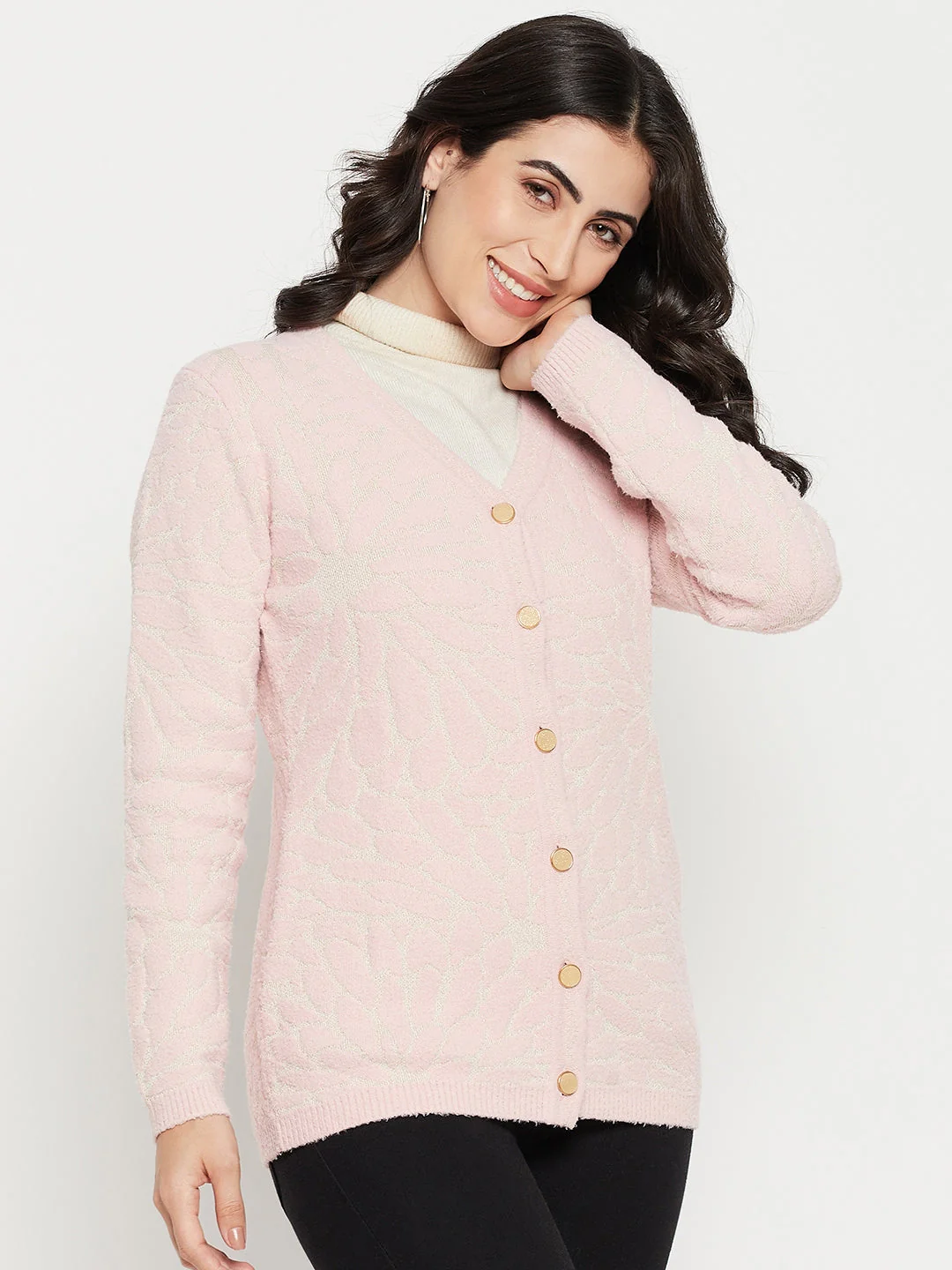 Madame V-Neck Solid Pink Cardigan - Image 5