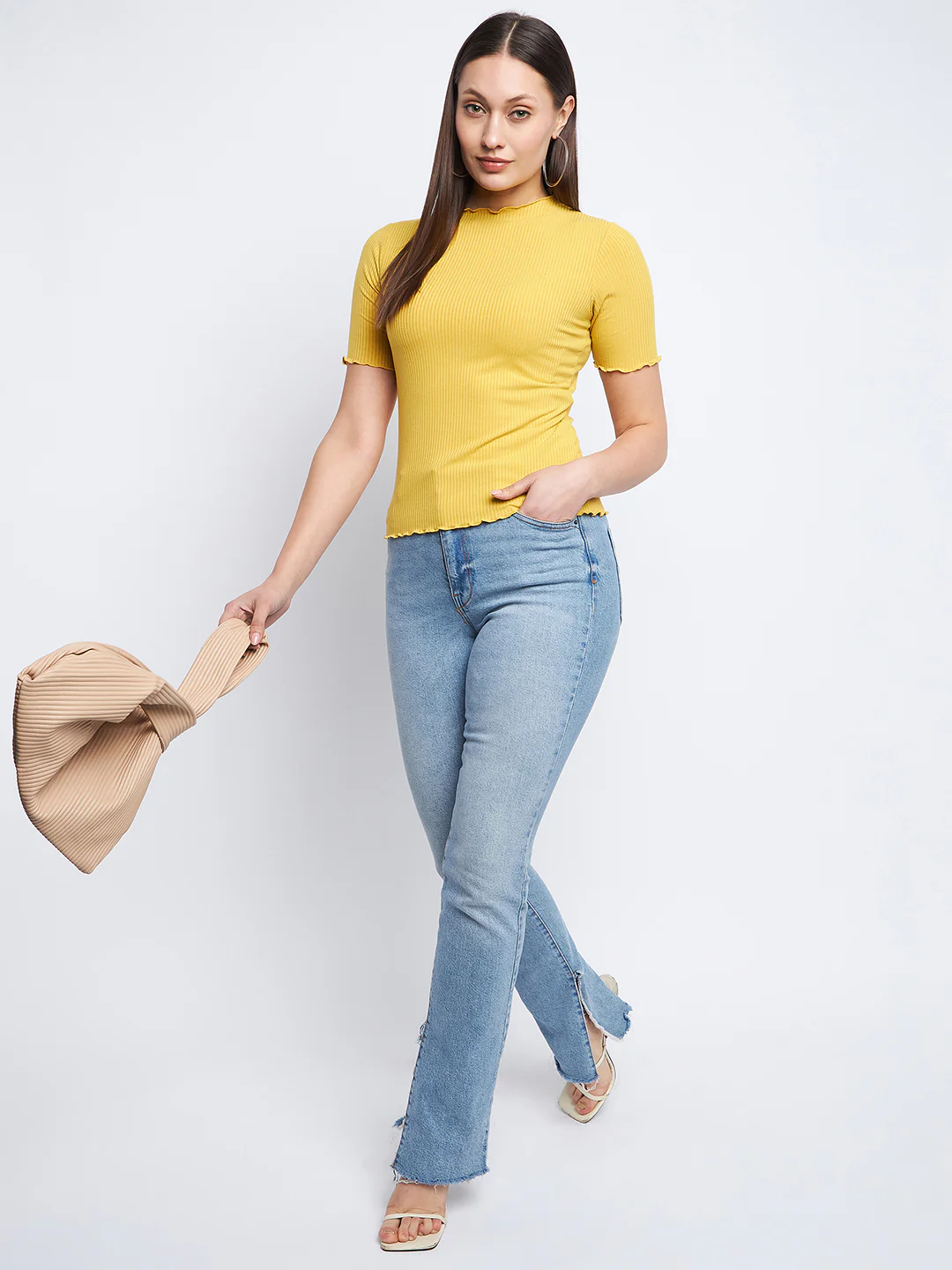 Madame Solid Mustard Yellow Lettuce Hem Top - Image 2