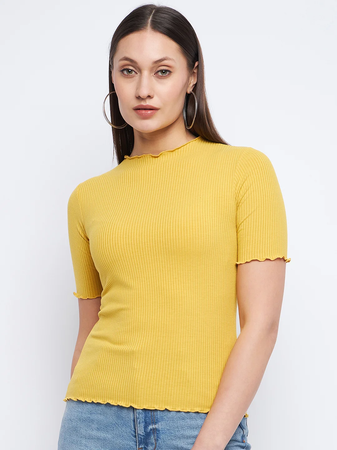 Madame Solid Mustard Yellow Lettuce Hem Top - Image 3