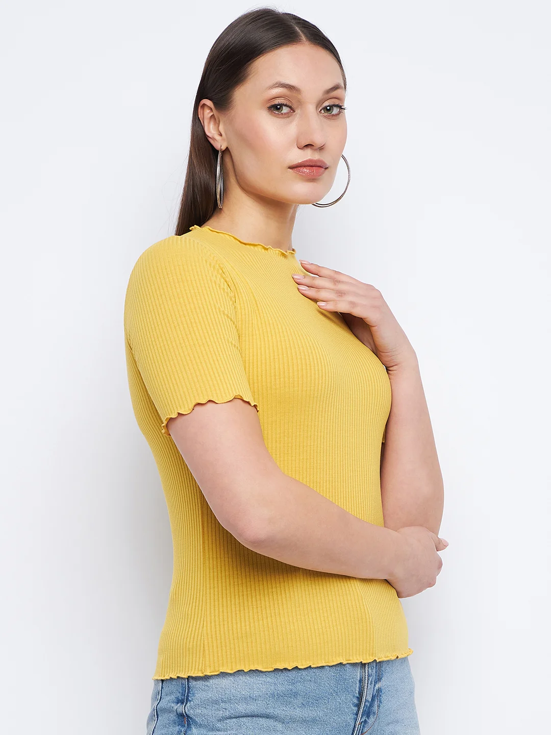 Madame Solid Mustard Yellow Lettuce Hem Top - Image 4