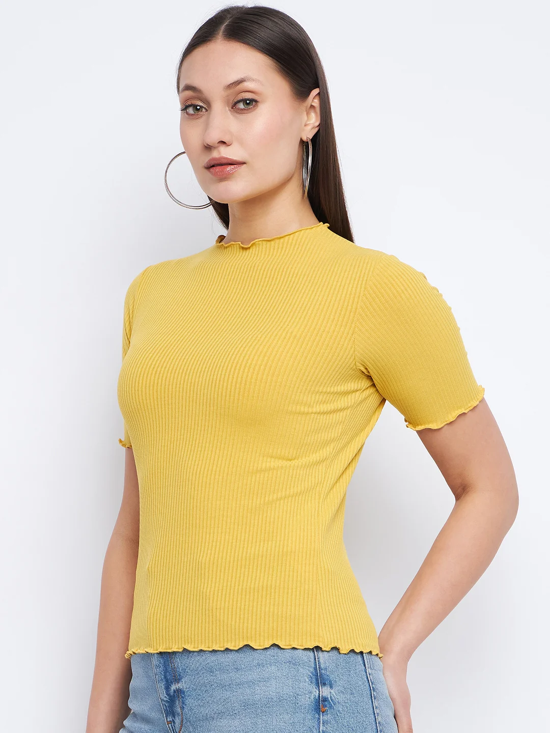 Madame Solid Mustard Yellow Lettuce Hem Top - Image 5
