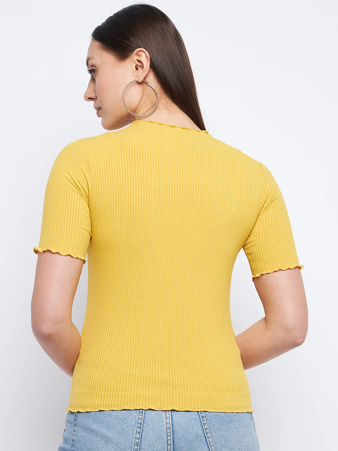 Madame Solid Mustard Yellow Lettuce Hem Top - Image 6