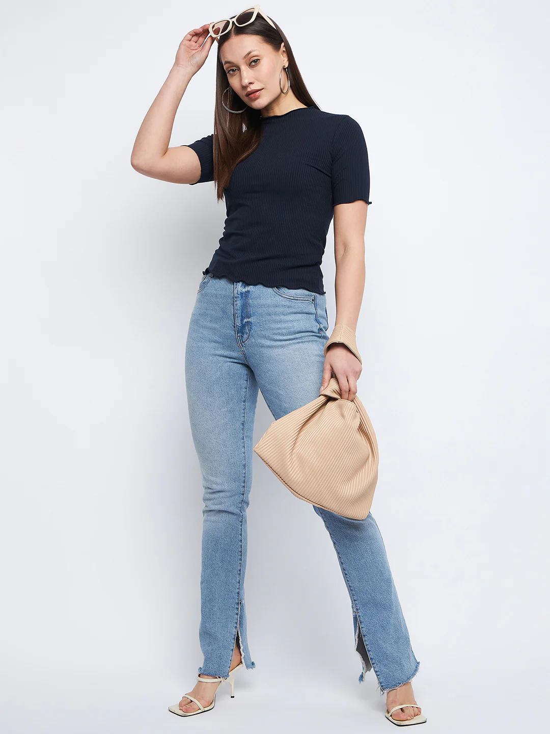 Madame Solid Navy Blue Lettuce Hem Top - Image 2