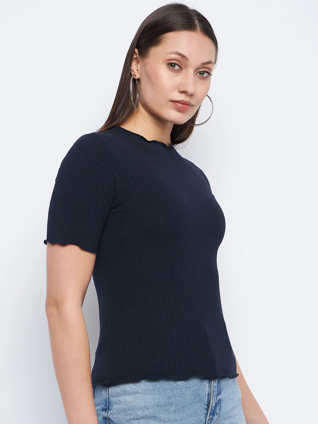 Madame Solid Navy Blue Lettuce Hem Top - Image 4
