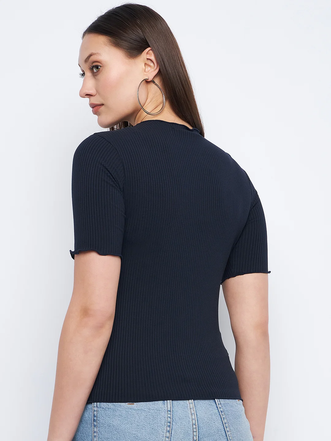 Madame Solid Navy Blue Lettuce Hem Top - Image 6