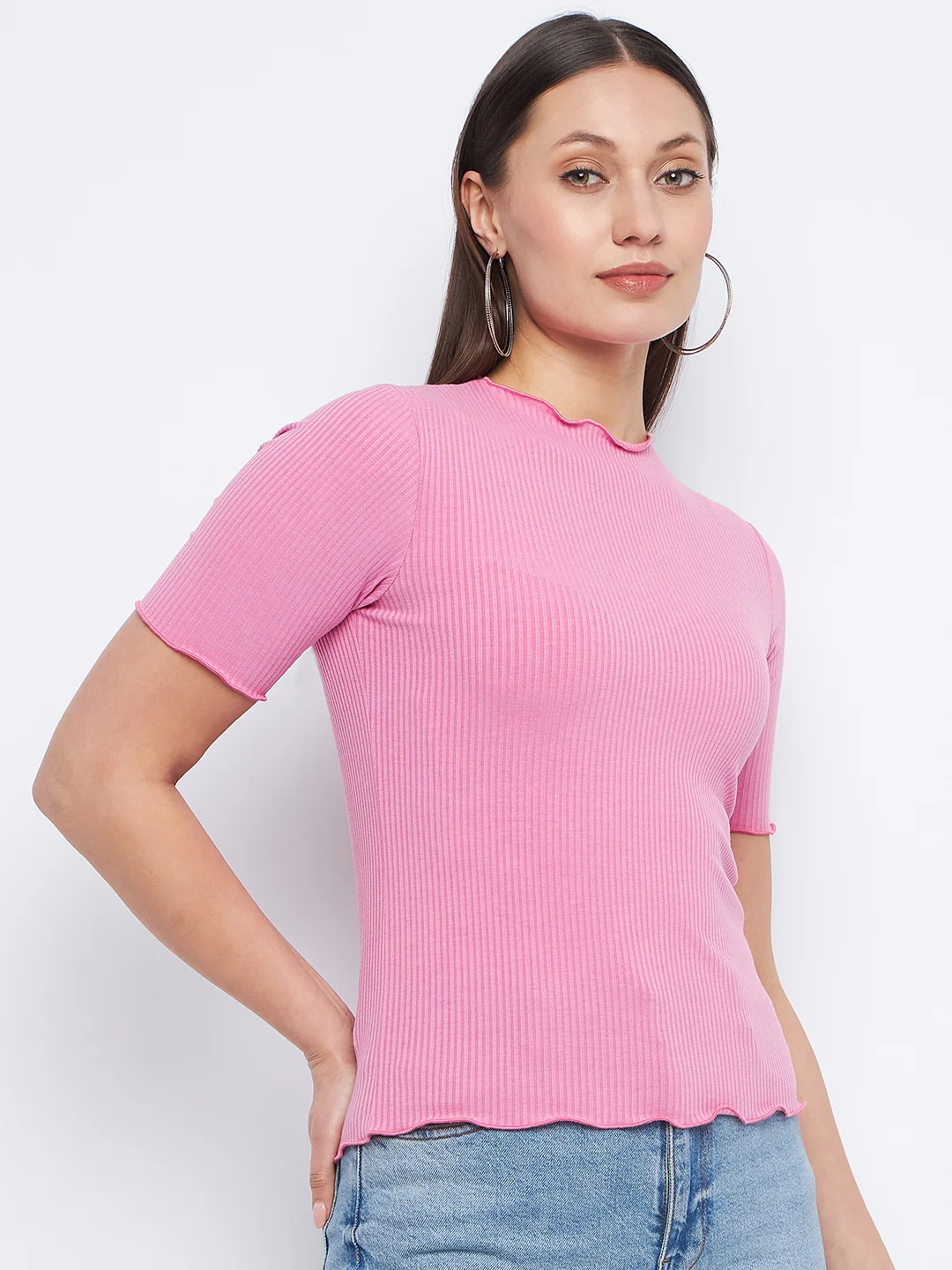 Madame Lettuce Hem Pink Ribbed Top - Image 4
