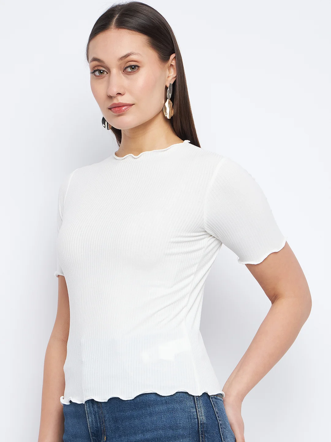 Madame Solid White Lettuce Hem Top - Image 4