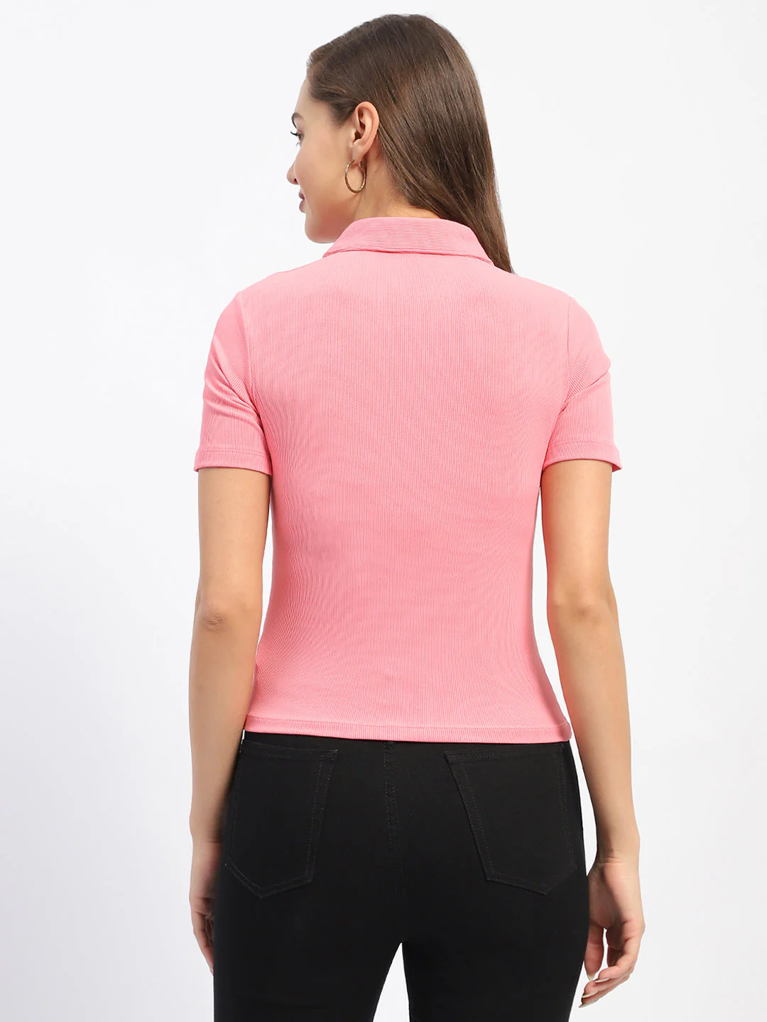 Madame Solid Pink Polo Neck T-Shirt - Image 4