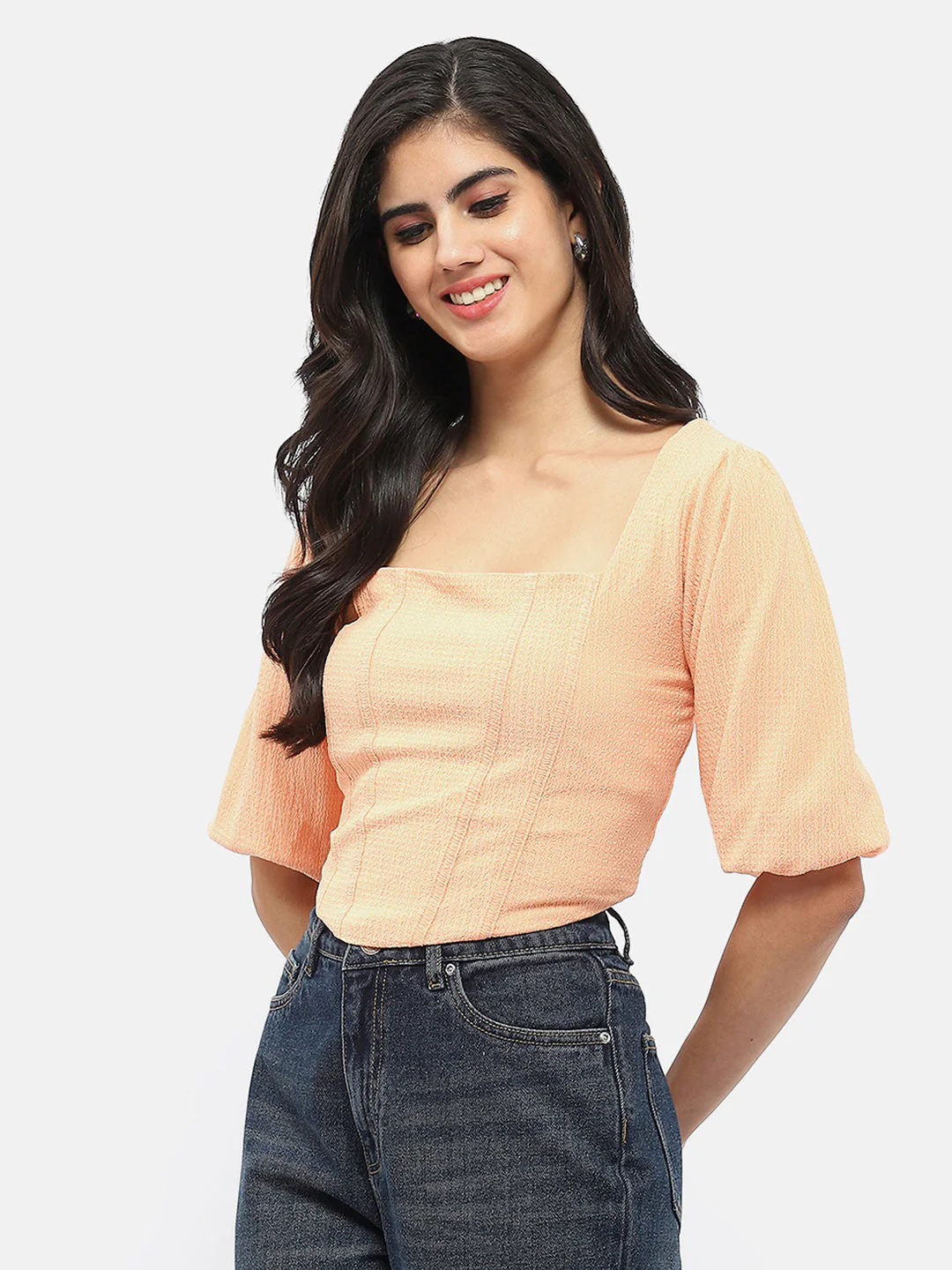 Madame Corset Inspired Peach Puff Sleeve Top - Image 4