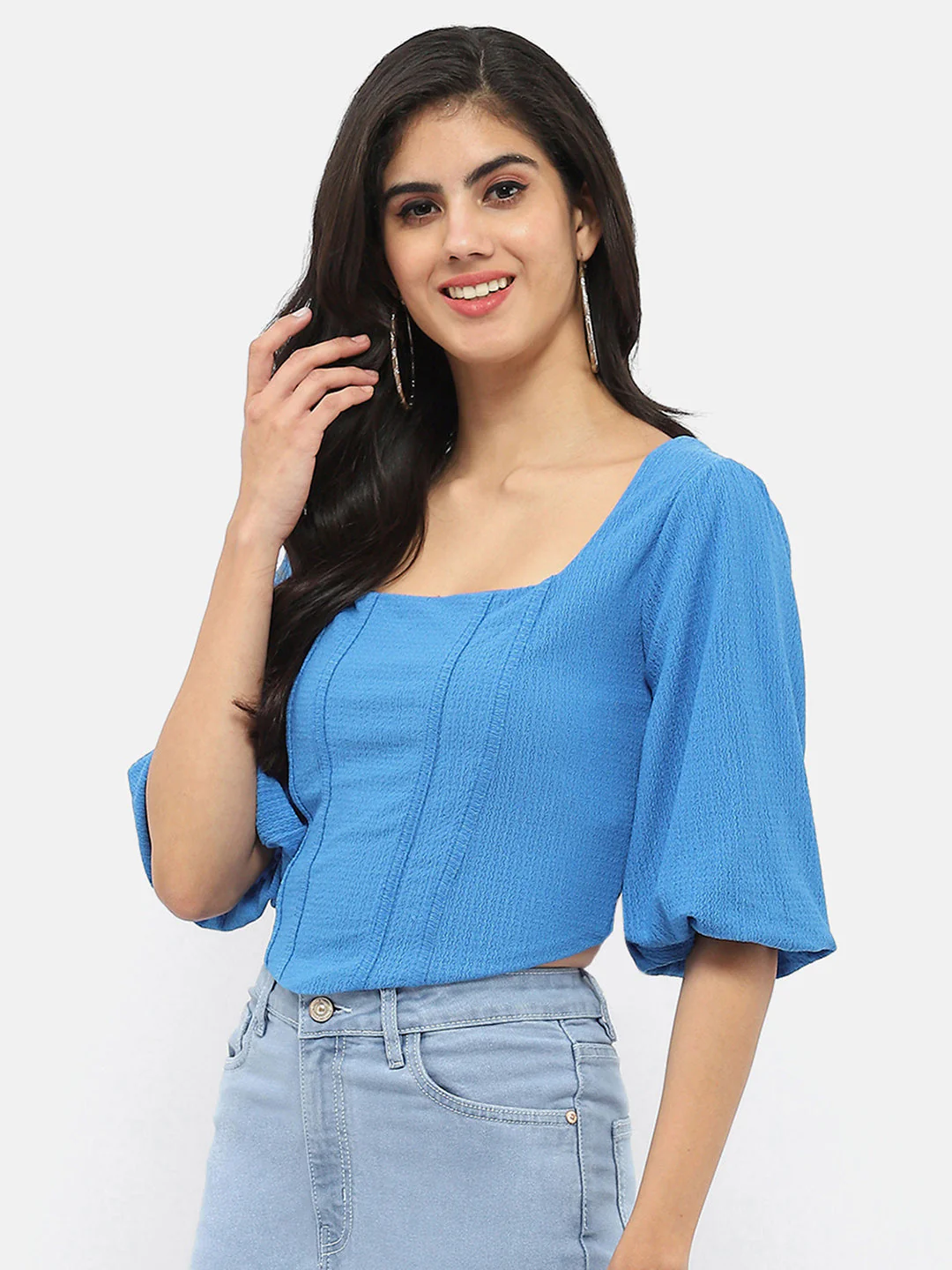 Madame Corset Inspired Royal Blue Puff Sleeve Top - Image 4