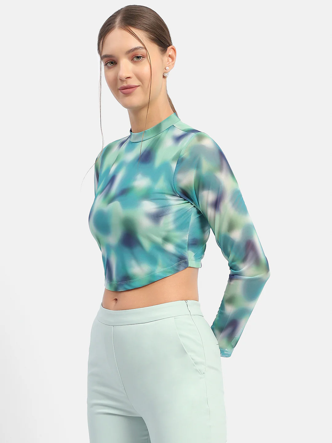 Madame Abstract Print Mint Green Asymmetrical Hem Top - Image 5