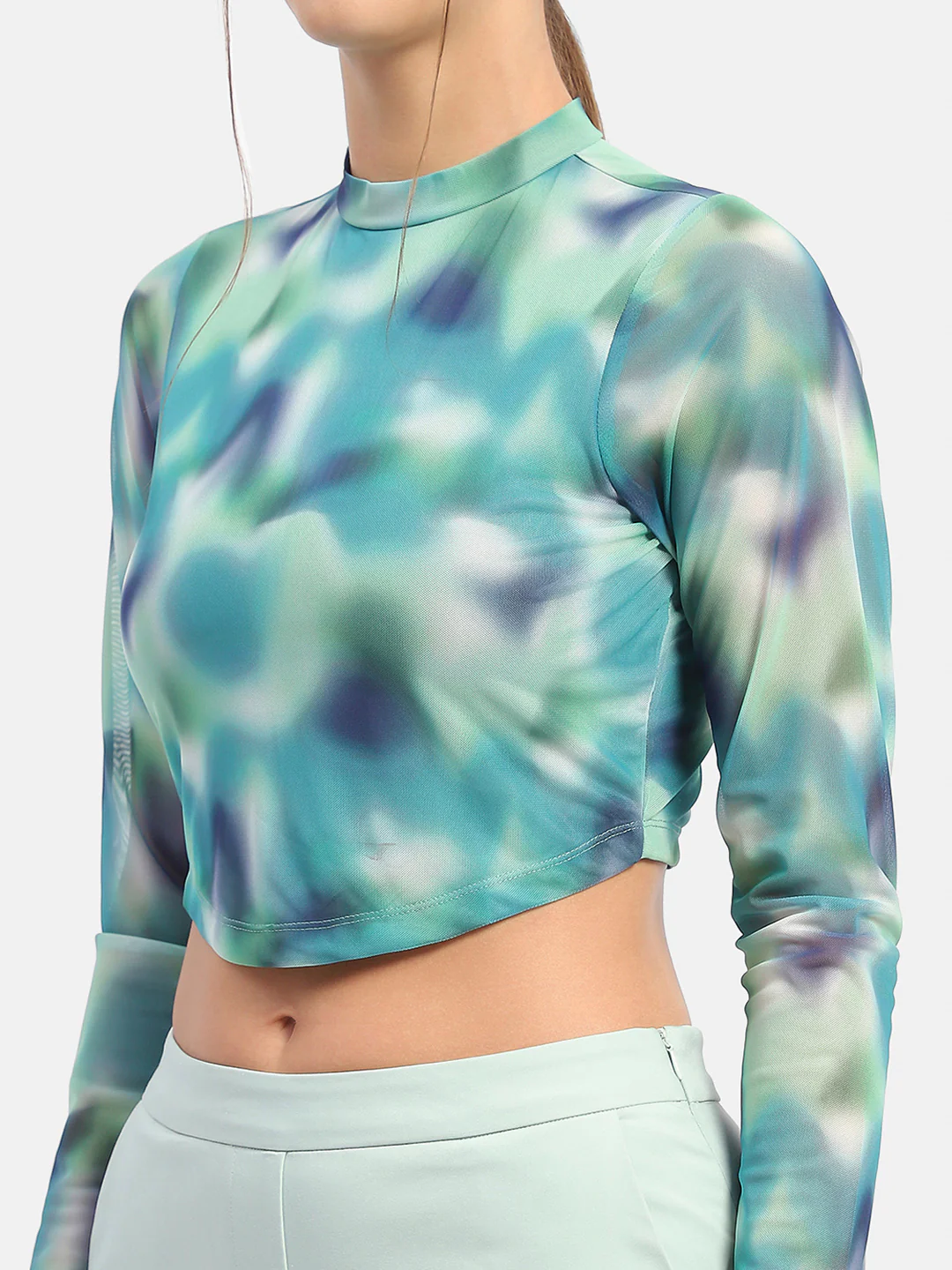 Madame Abstract Print Mint Green Asymmetrical Hem Top - Image 7