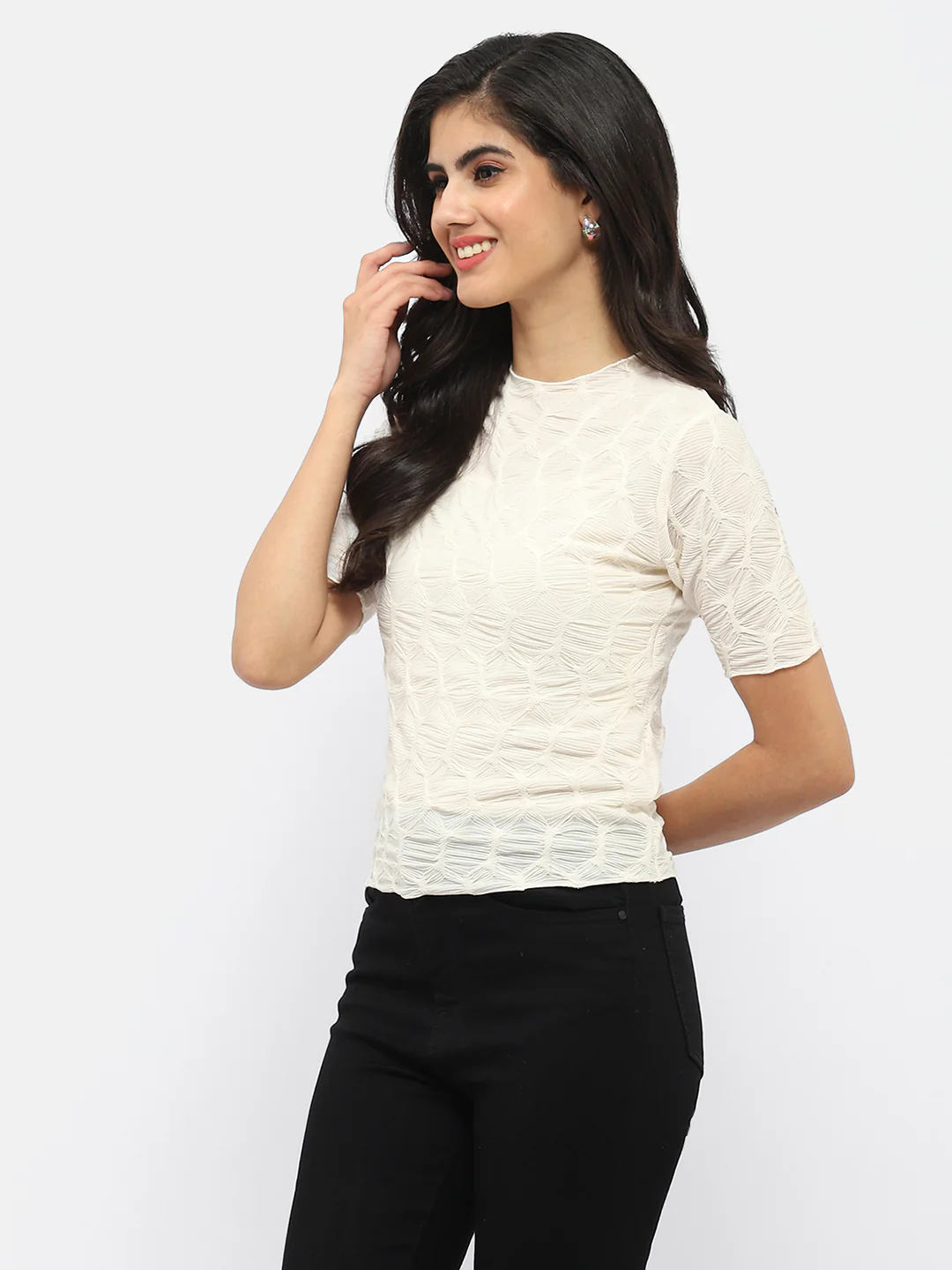 Madame Lettuce Hem Beige Crinkled Top - Image 4