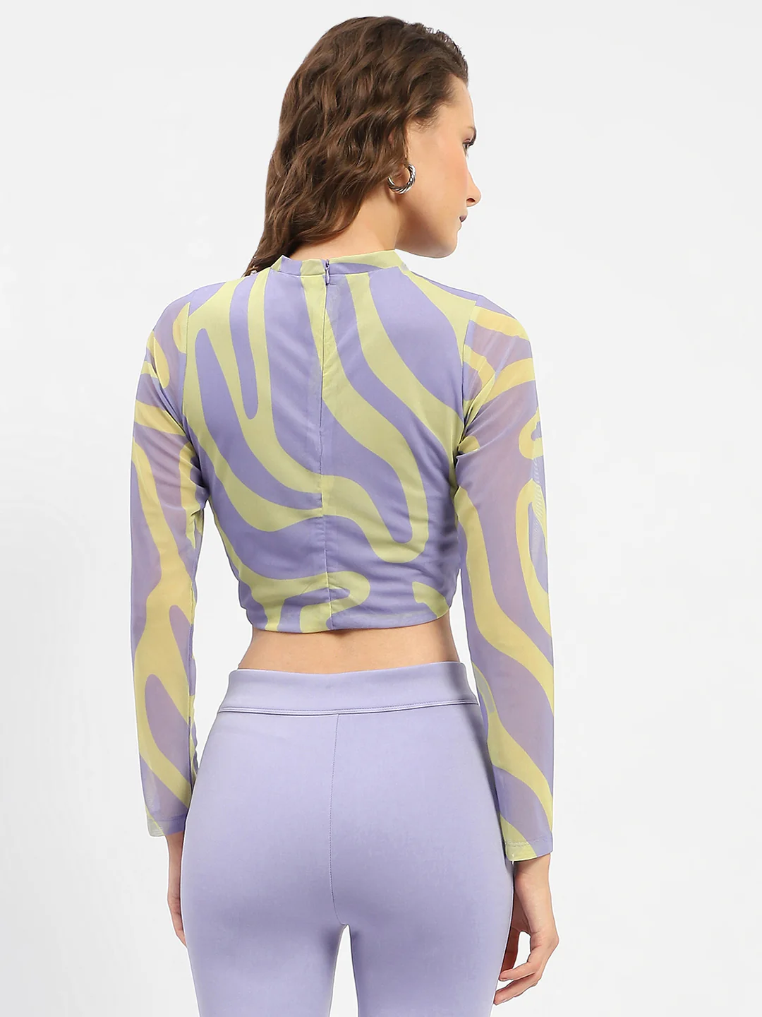 Madame Full Sleeve Wave Print Lilac Crop Top - Image 6