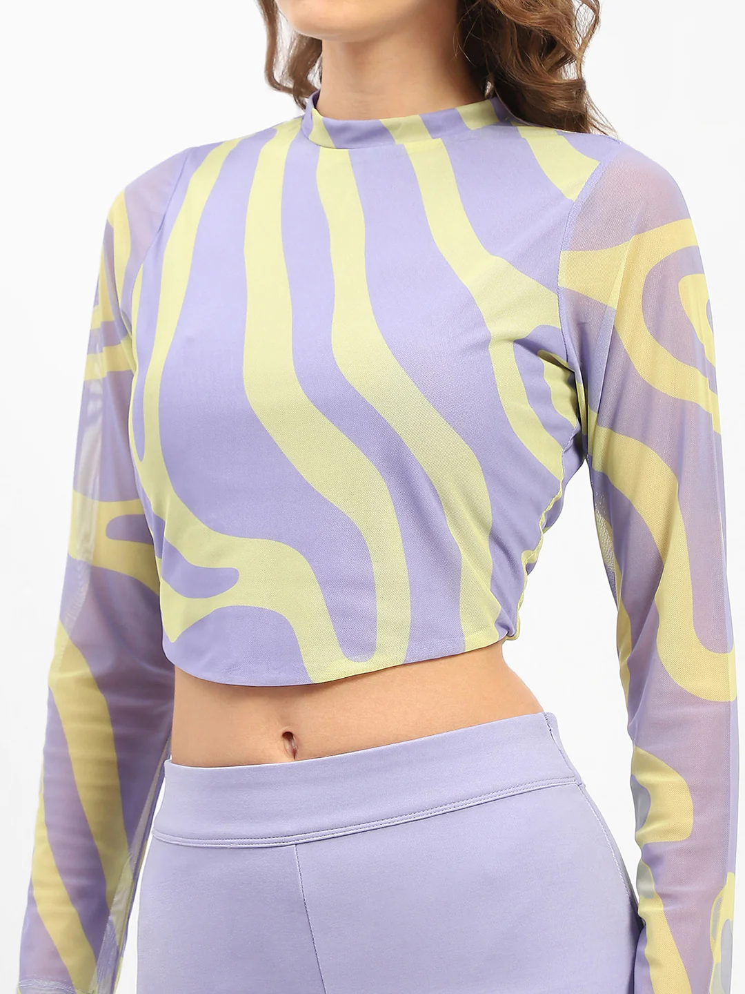 Madame Full Sleeve Wave Print Lilac Crop Top - Image 7