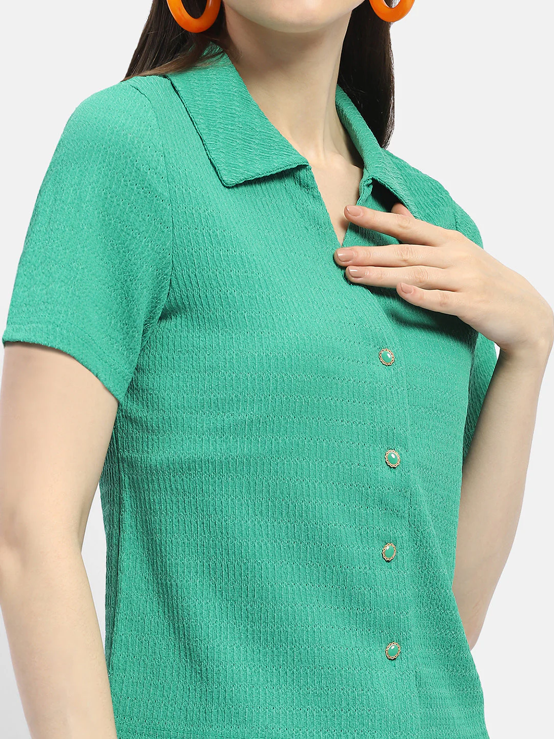 Madame Textured Green Half Sleeve Shirt - Image 2