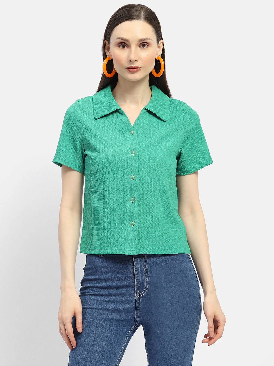 Madame Textured Green Half Sleeve Shirt - Image 4