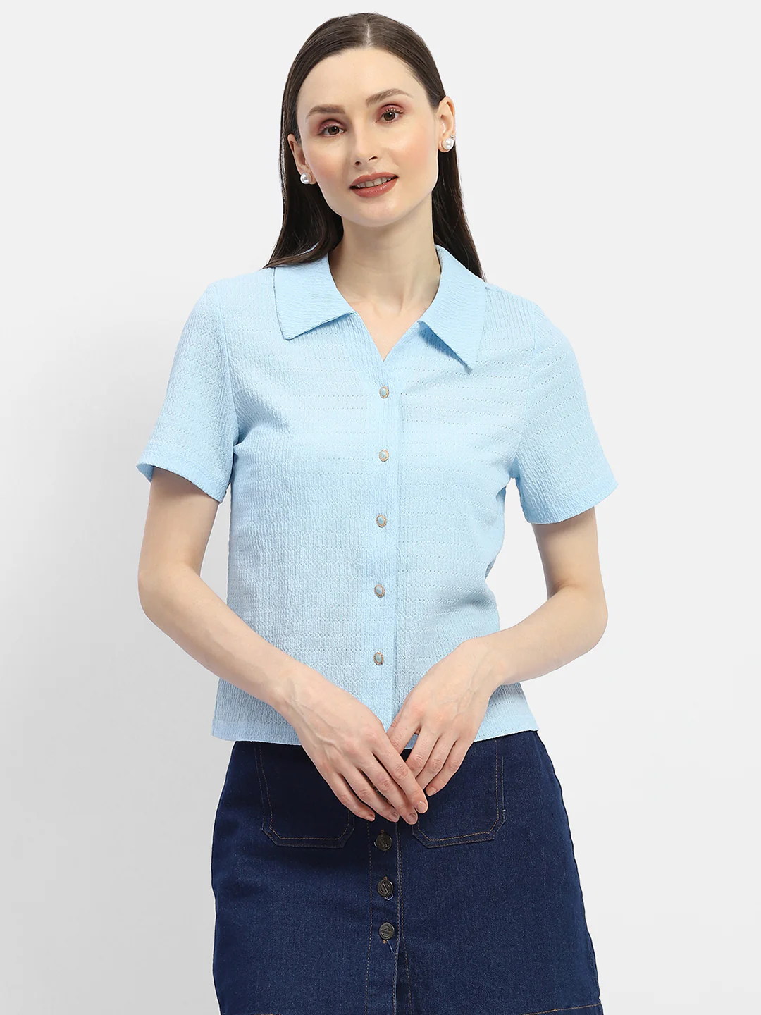 Madame Textured Sky Blue Half Sleeve Shirt - Image 3