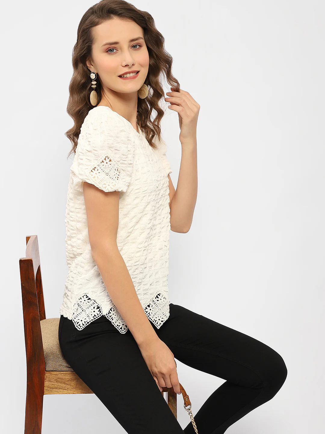 Madame Textured Off-White Embellished Top