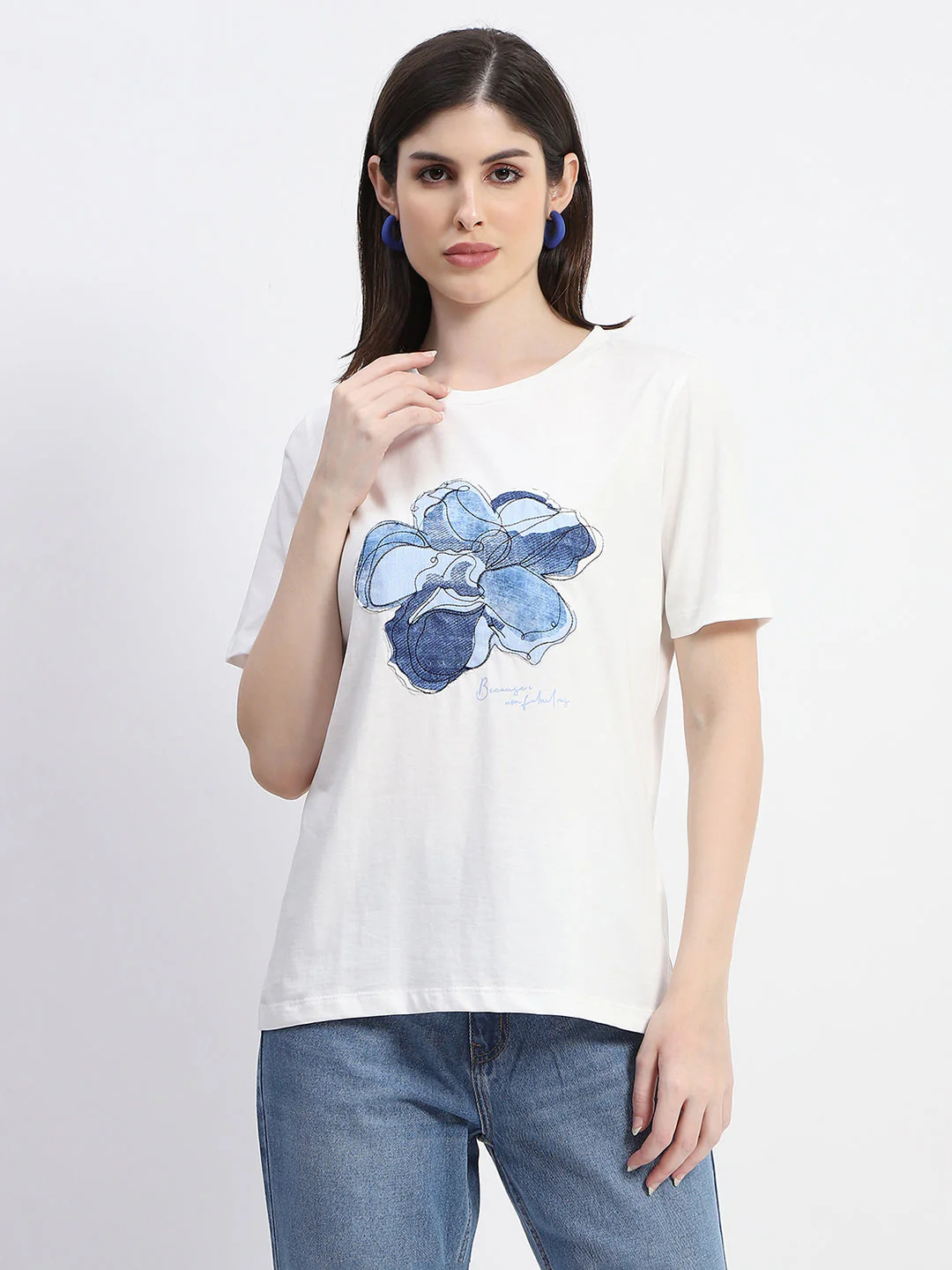 Madame Graphic Print Crew Necked White Cotton T-Shirt - Image 2