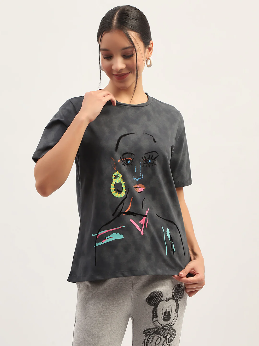 Madame Printed Charcoal Cotton T-Shirt - Image 3