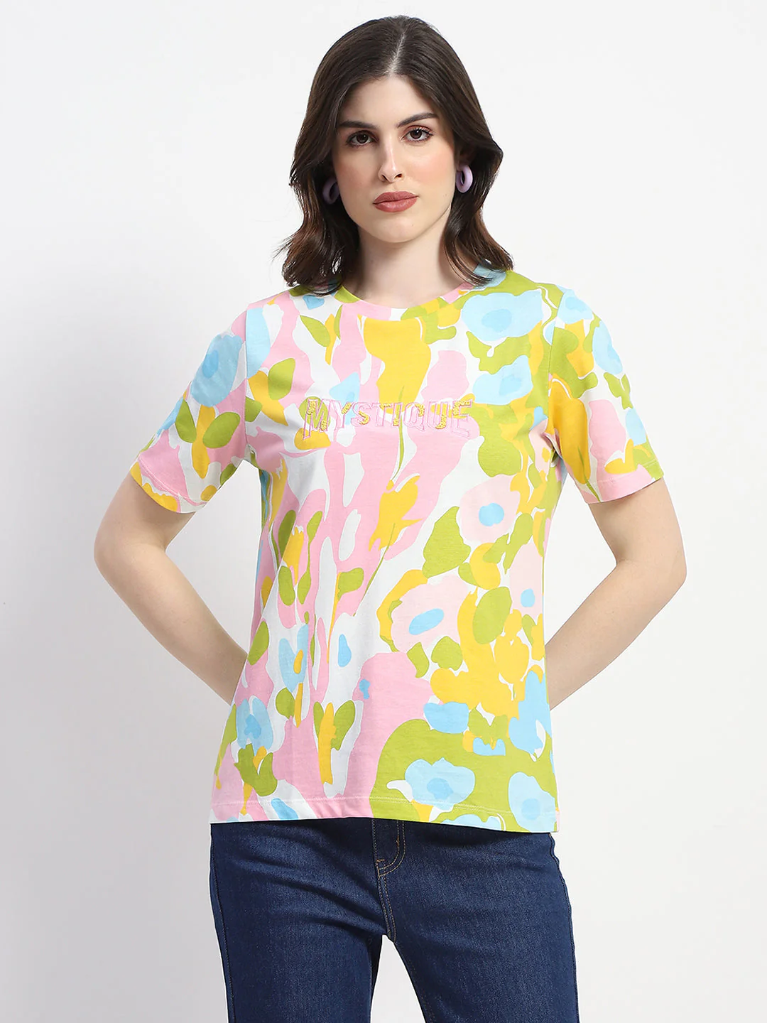 Madame Abstract And Typography Print White Cotton T-Shirt - Image 2