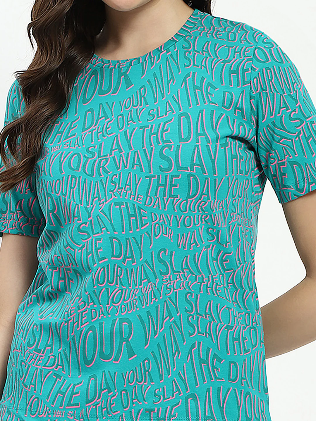 Madame Typographic Print Sea Green Cotton T-Shirt - Image 7