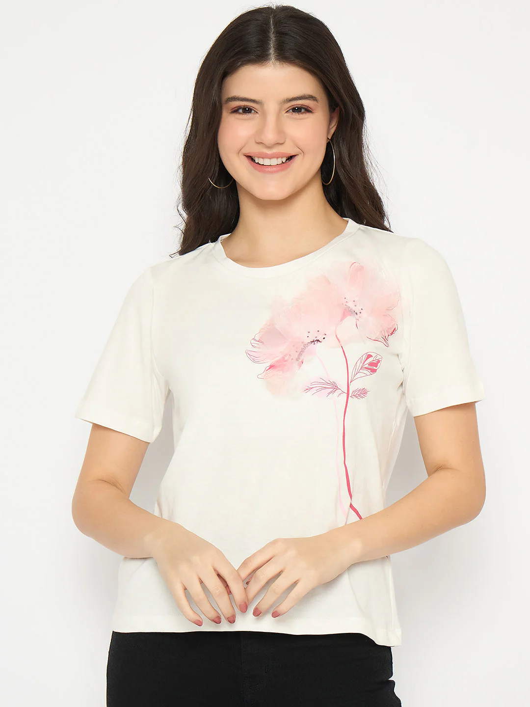 Madame Floral Applique White Cotton T-shirt - Image 2