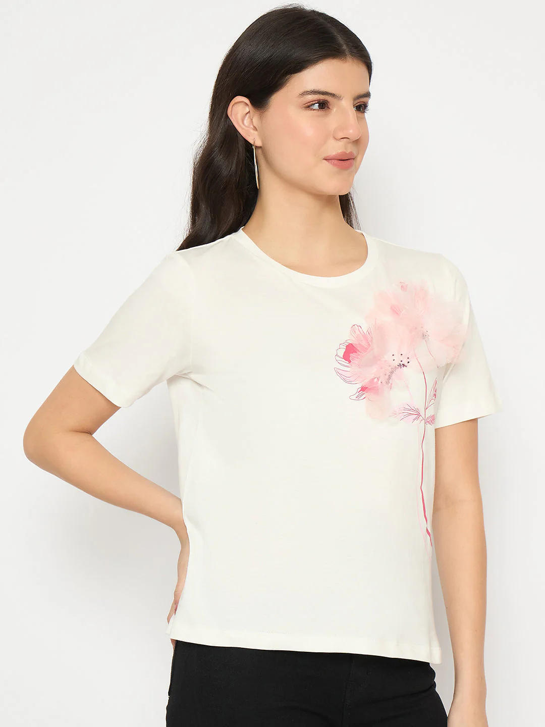 Madame Floral Applique White Cotton T-shirt - Image 4