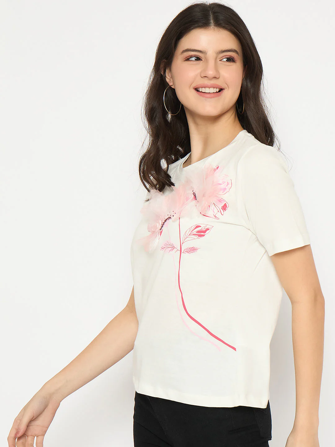 Madame Floral Applique White Cotton T-shirt - Image 5
