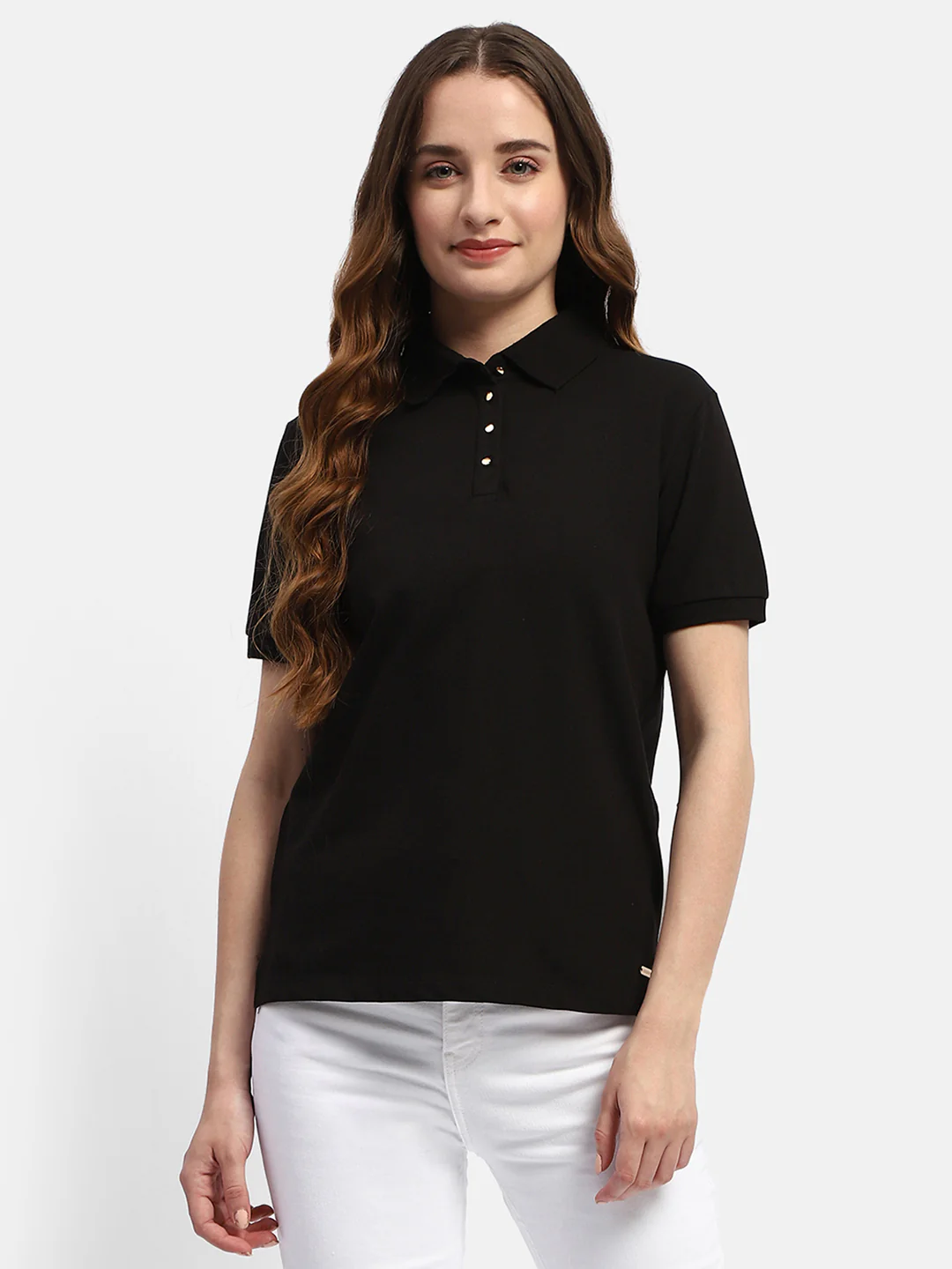 Madame Solid Black Polo Neck T-Shirt - Image 3