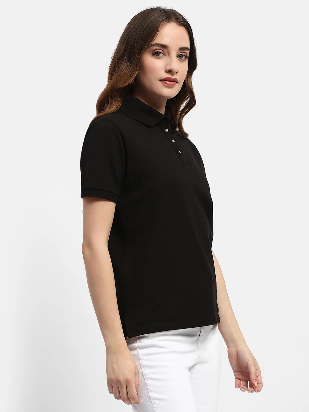 Madame Solid Black Polo Neck T-Shirt - Image 4