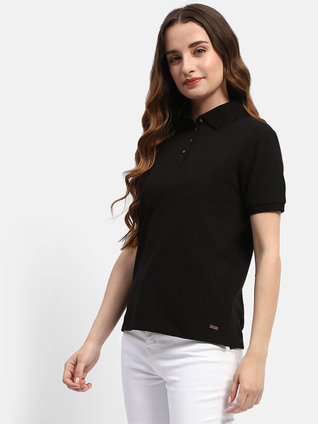 Madame Solid Black Polo Neck T-Shirt - Image 5