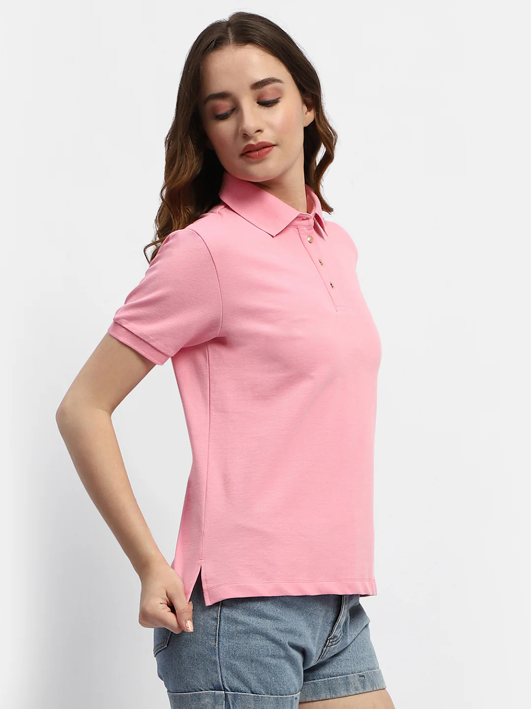 Madame Solid Pink Polo Neck T-Shirt - Image 3