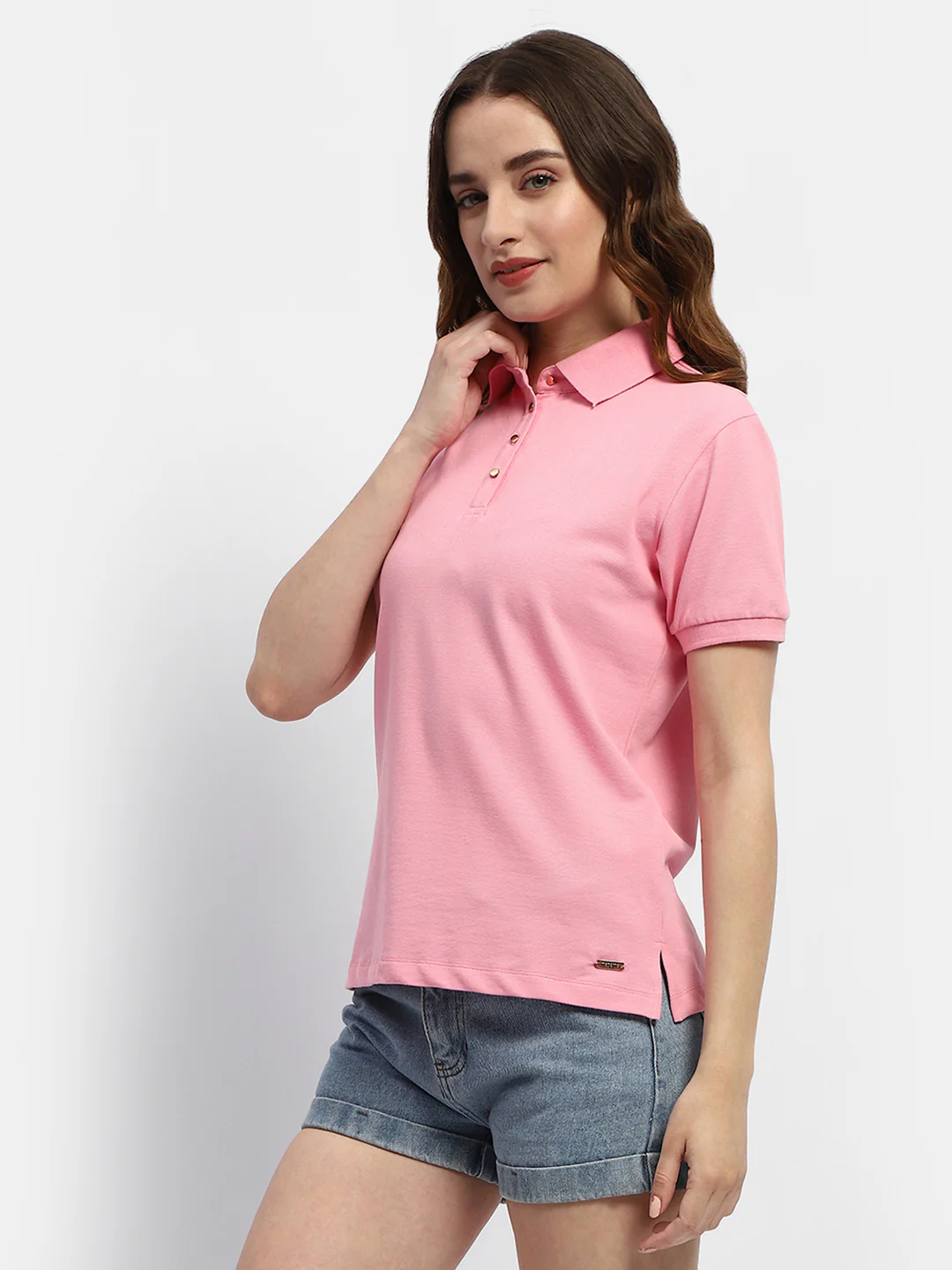 Madame Solid Pink Polo Neck T-Shirt - Image 4