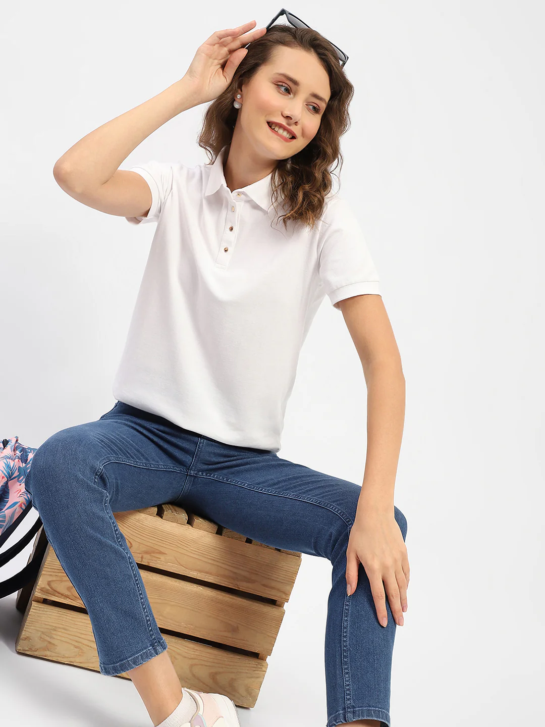 Madame White Polo Neck Solid Cotton T-Shirt - Image 2