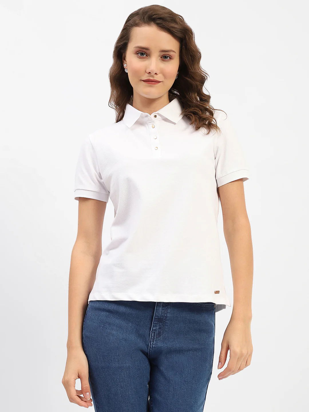Madame White Polo Neck Solid Cotton T-Shirt - Image 3