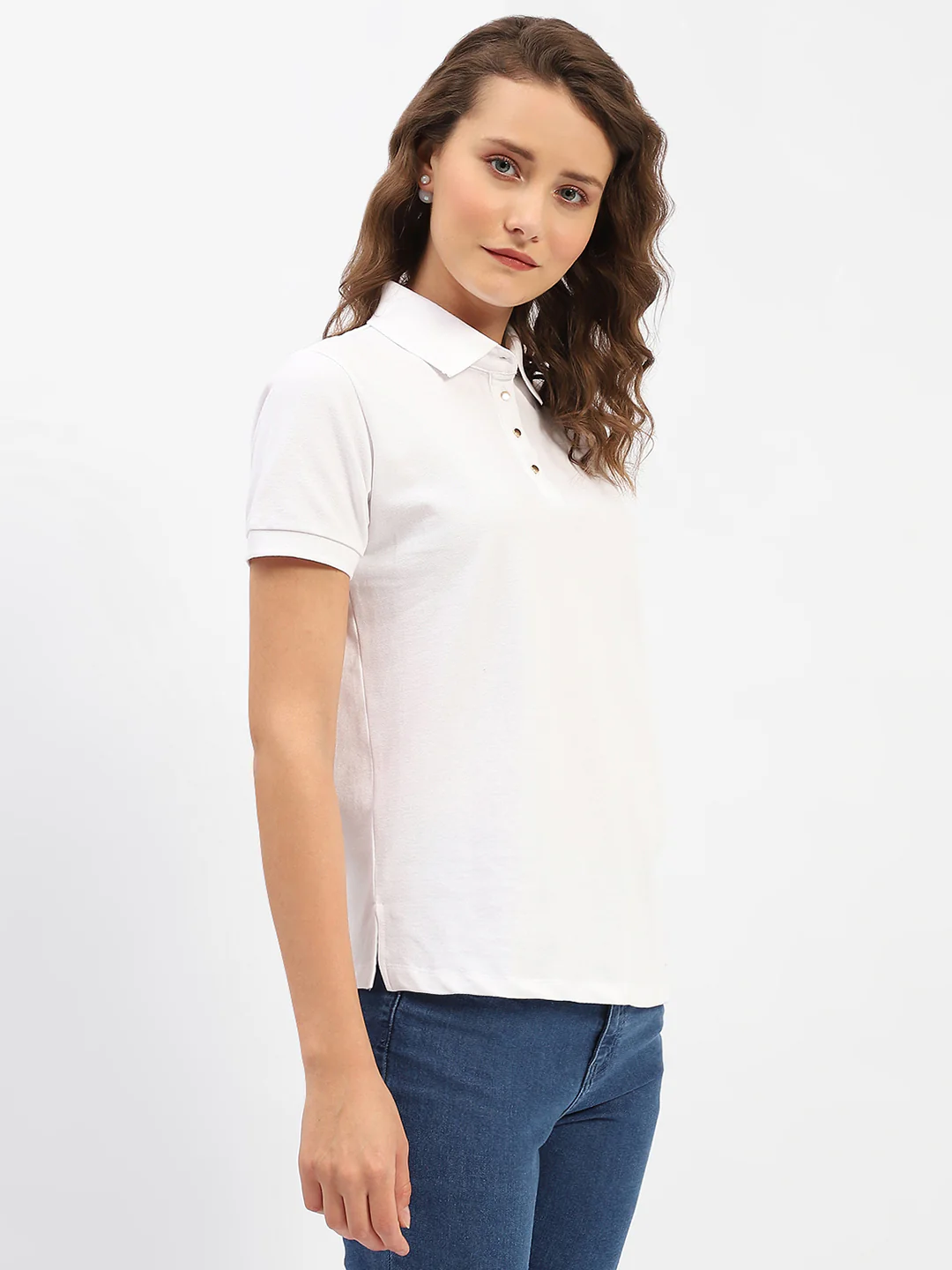 Madame White Polo Neck Solid Cotton T-Shirt - Image 4